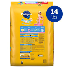 Pedigree Puppy dry dog food bag with 14 lb size label