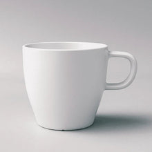 White coffee mug with curved handle, smooth ceramic-like finish.