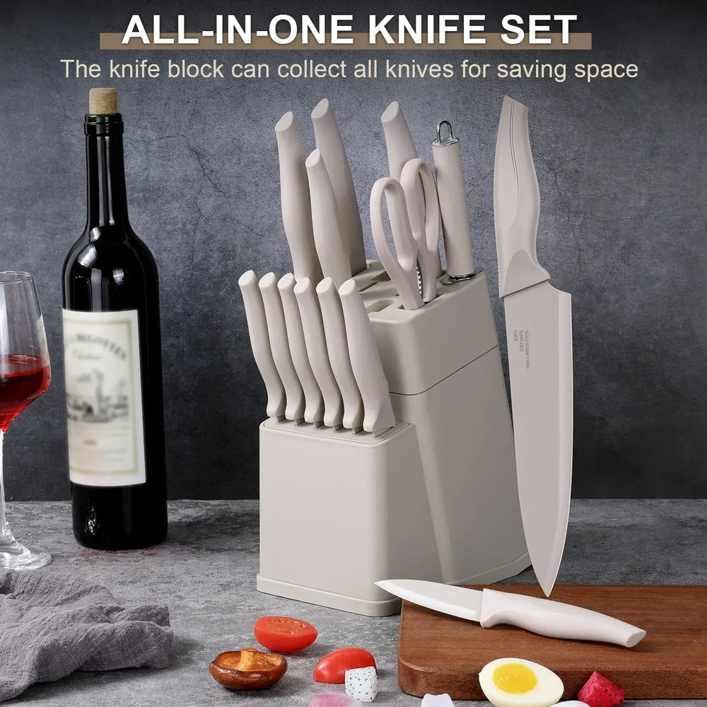 Walchoice 15 Pieces Knife Set with Block, High Carbon Stainless Steel Kitchen Knife Set with Sharpener, Rust Resistant & Dishwasher Safe - USA MEGA SHOP