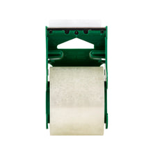 Green tape dispenser showing clear tape roll behind, general purpose packaging tape