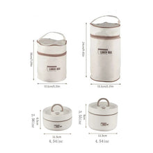 Set of insulated food jars with white lids, carrying handles, and “LUNCH BOX” labels