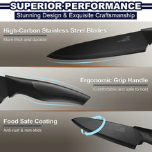Black kitchen knife with ergonomic handle and curved blade, close-up