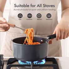 Dark gray saucepan on induction burner with pasta lifted by wooden spoon