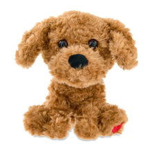Brown shaggy sitting dog plush with blue eyes, black nose, and red tongue
