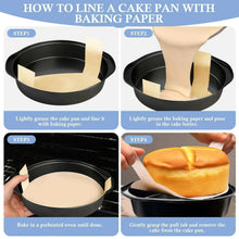Round black cake pan lined with baking paper, easy-release preparation