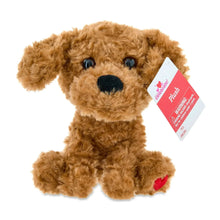 Brown sitting dog plush with blue eyes, black nose, red tongue, and hang tag