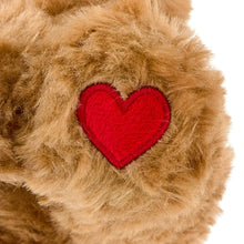 Brown dog plush belly patch with red heart applique