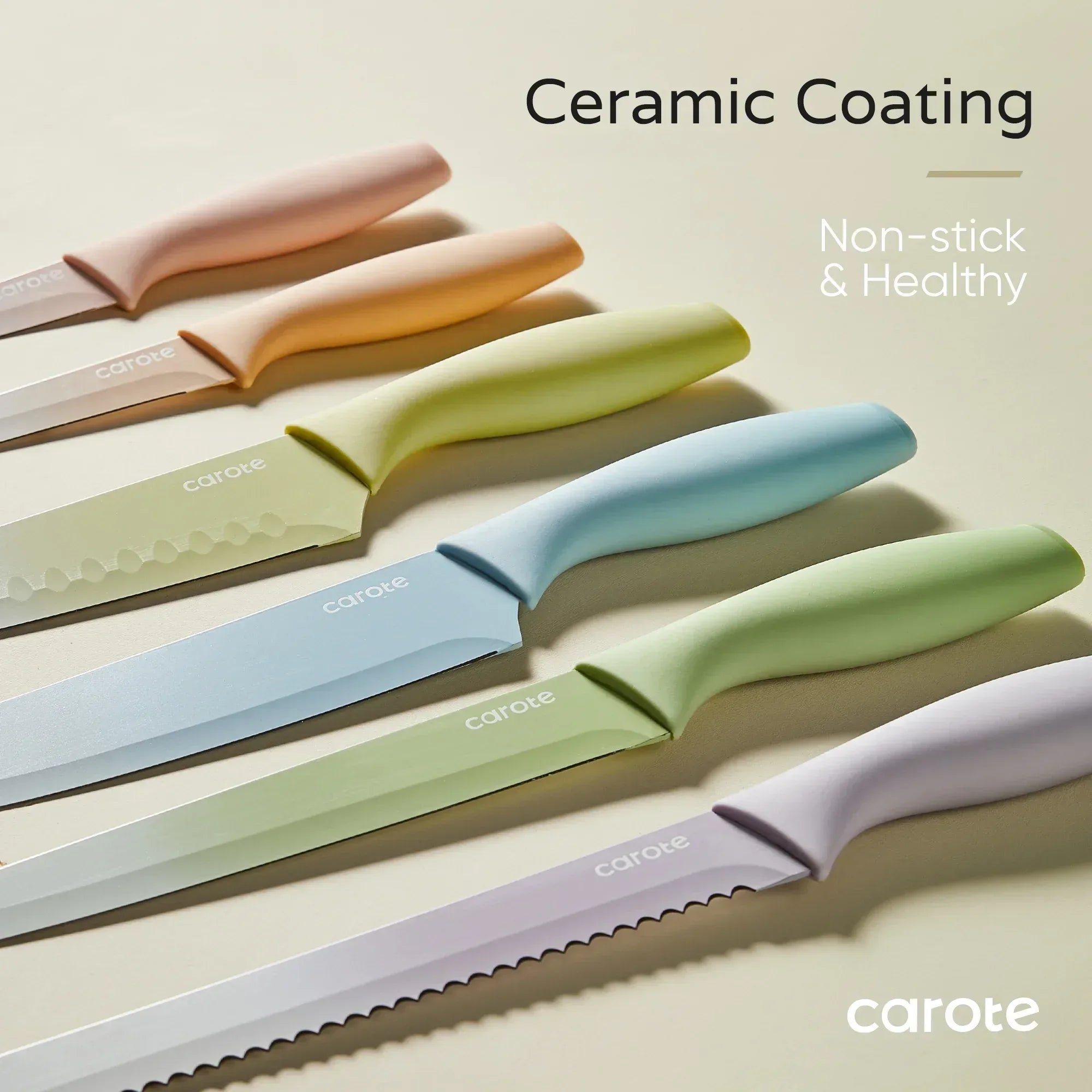 Carote 12 Pcs Kitchen Knife Set, Stainless Steel Knife Set with Nonstick Creamic Coating, Taupe