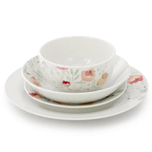 Porcelain double bowl serving set, white with multicolor floral poppy design