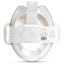 Toddler potty seat package, back view, built-in handles on light-colored seat
