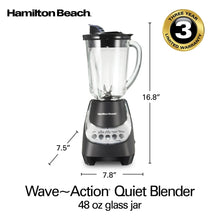 Black blender with glass jar, three-year limited warranty badge and size