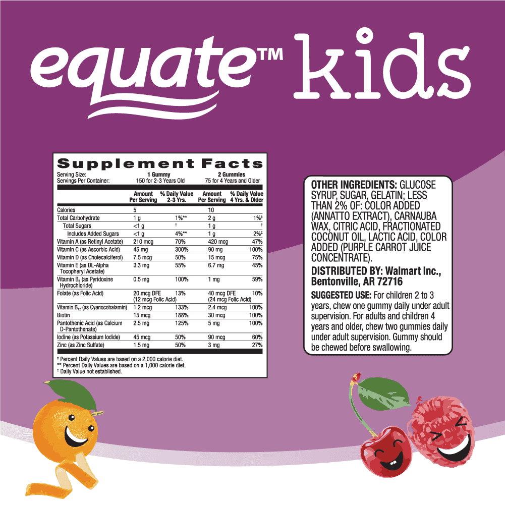 Equate Kids' Multivitamin + Immune Dietary Supplement Gummies, Natural Fruit, 150 Count