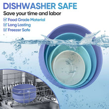 Nested blue plastic mixing bowls with lids, designed for dishwasher cleaning