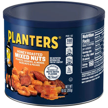 Honey-roasted mixed nuts canister side panel with Planters logo and nutrition facts
