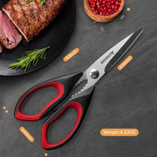 Kitchen scissors set with serrated blades and black grips with red ergonomic handles.