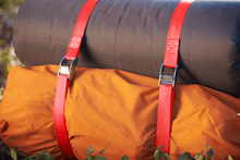 Red cam buckle lashing straps with metal buckles, looped around a bundle