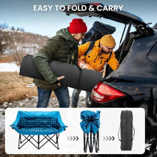 Blue plaid double camping loveseat with carry bag for easy folding and transport.