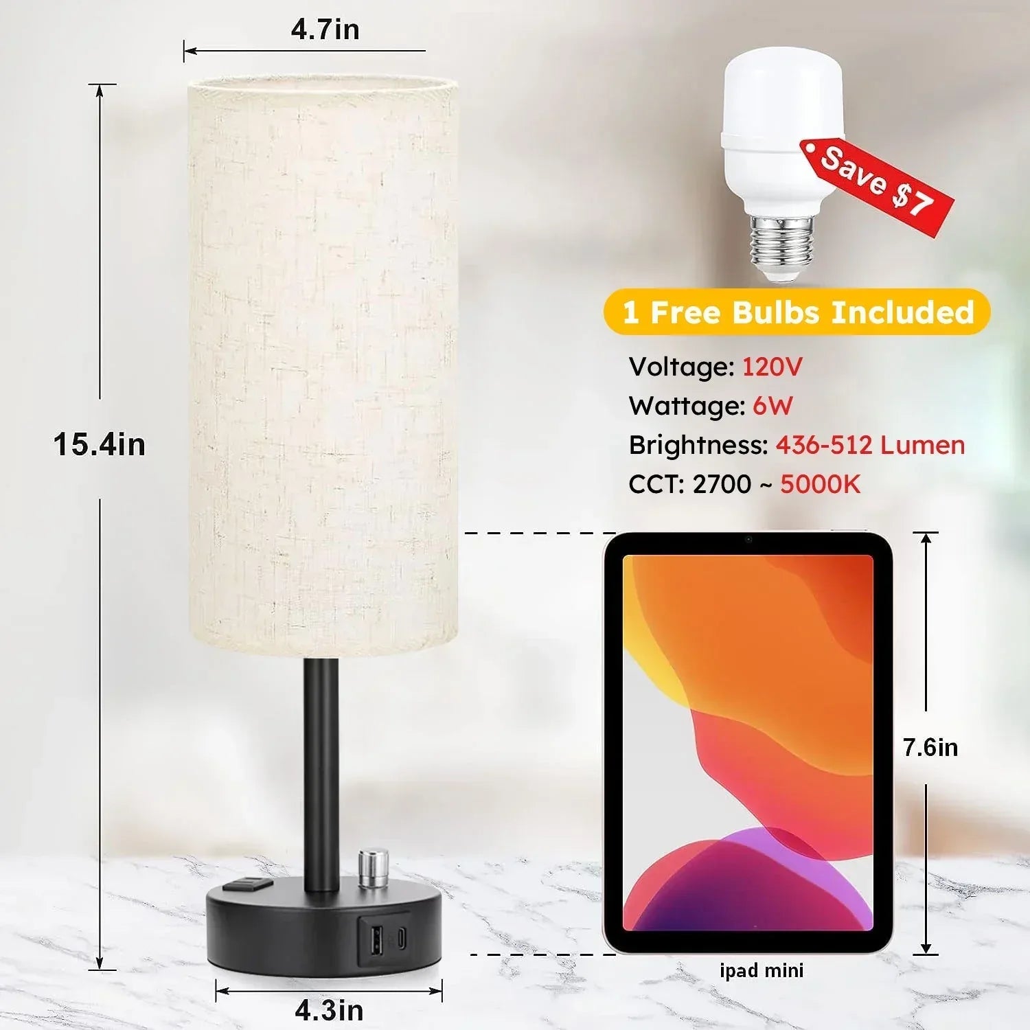HadinEEon Bedside Table Lamp, Fully Dimmable Lamp with USB C&A Fast Charging Port, AC Outlet, Lamp with Linen Fabric Shade and Black Base for Bedroom Living Room, Office, Dorm - USA MEGA SHOP