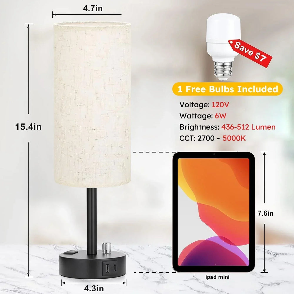 HadinEEon Bedside Table Lamp, Fully Dimmable Lamp with USB C&A Fast Charging Port, AC Outlet, Lamp with Linen Fabric Shade and Black Base for Bedroom Living Room, Office, Dorm - USA MEGA SHOP