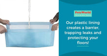 Dog training pad bin with plastic lining, shown being lifted by hands