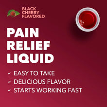 Pain relief liquid card with black cherry flavored note and small cup of red liquid
