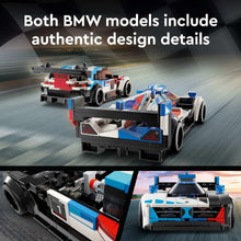LEGO Speed Champions BMW race car models with detailed blue, red, and white parts