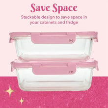 Stackable clear glass food storage containers with pink locking lids, two-piece set
