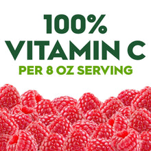 Juice label reading 100% Vitamin C per 8 oz serving with raspberry fruit graphic