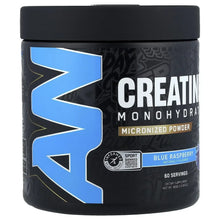 Blue raspberry creatine powder tub front, black label with large “CREATINE” text