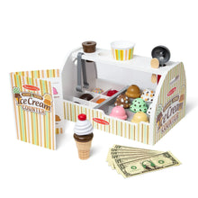 Melissa & Doug wooden ice cream counter play set with cups, scoops, and serving tools