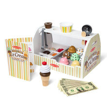 Wooden ice cream counter playset with pretend ice cream toppings, scoops, and play money bills