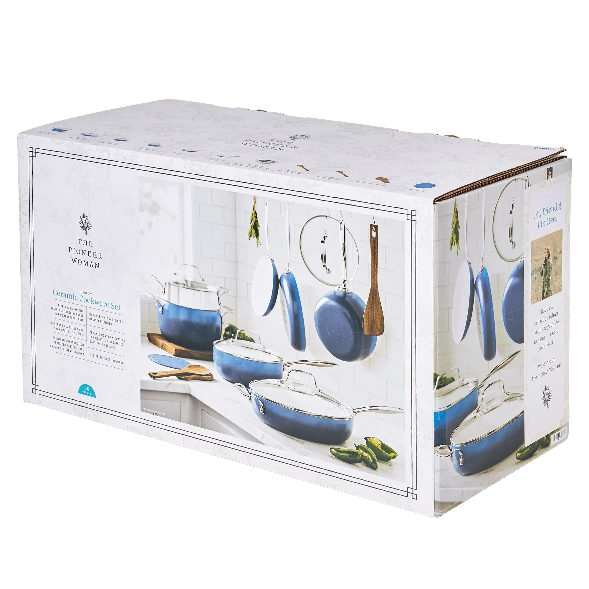 The Pioneer Woman Harlow 15-Piece Cookware Set, Ceramic Non-Stick Pots and Pans Set, Denim Blue