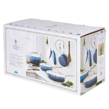 Cookware set retail box with denim blue pots and pans pictured