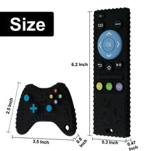 Black silicone teething toys set with controller and remote shapes, size shown.