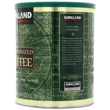 Kirkland Signature decaffeinated coffee can, back panel with 100% arabica text