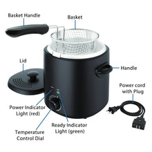 Matte black electric deep fryer with basket handle, power cord, and control indicators