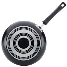 Black nonstick frying pan interior with concentric ridged pattern