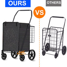 Black folding shopping cart with removable basket, rear wire rack, and swivel wheels