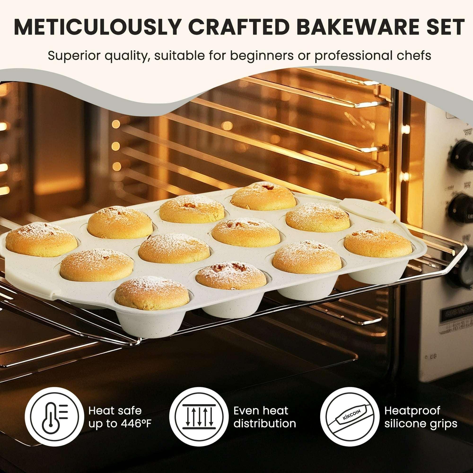 Kikcoin Bakeware Set, 21-Piece Baking Pans Set Kitchen Carbon Steel Baking Sheet Pans with Silicone Handles, Cookie Sheets Nonstick(Beige)