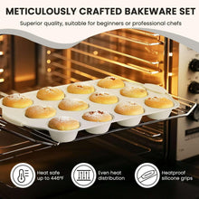 Nonstick baking sheet with silicone handles, filled with powdered muffins in oven