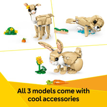 LEGO Creator 3-in-1 animal models: bunny, seal, and llama with included accessories
