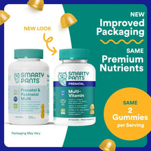 SmartyPants Prenatal multivitamin bottles on improved packaging panel with teal caps