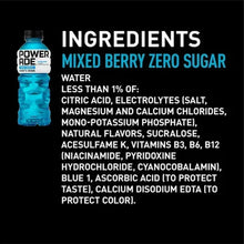 Powerade Zero Mixed Berry sports drink bottle, blue liquid, black cap