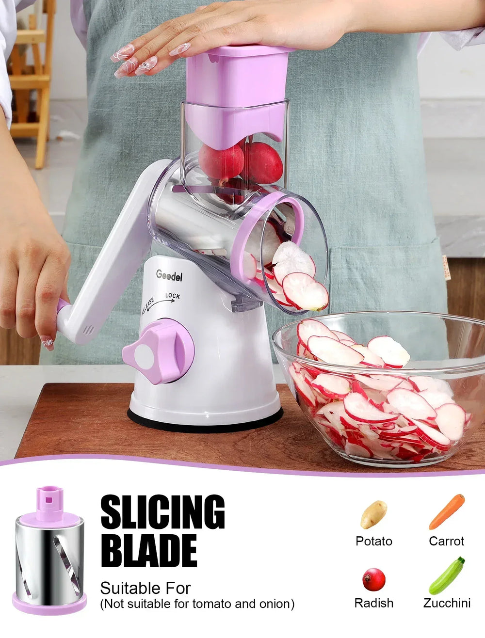 Geedel Rotary Cheese Grater, Kitchen Grater Vegetable Slicer with 3 Interchangeable Blades, Powerful Suction, Dishwasher Safe, Easy to Clean Grater for Vegetable, Fruit, Nuts - USA MEGA SHOP