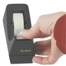 Desktop tape dispenser with hand loading tape; black base and metal cutting bar