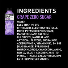 Powerade Zero Grape sports drink bottle, purple liquid, black cap