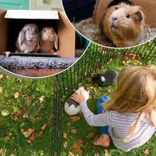 Black wire dog playpen enclosure on grass with door area and small pet inside
