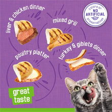 Cat wet food variety pack graphic with poultry platter, liver & chicken dinner, turkey & giblets.