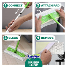 Swiffer sweep-and-mop system showing pad connect and attach with green mop handle