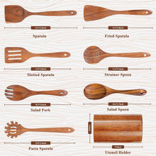 Assorted wooden kitchen utensils diagram: spatula, fork, strainer spoon, salad spoon.